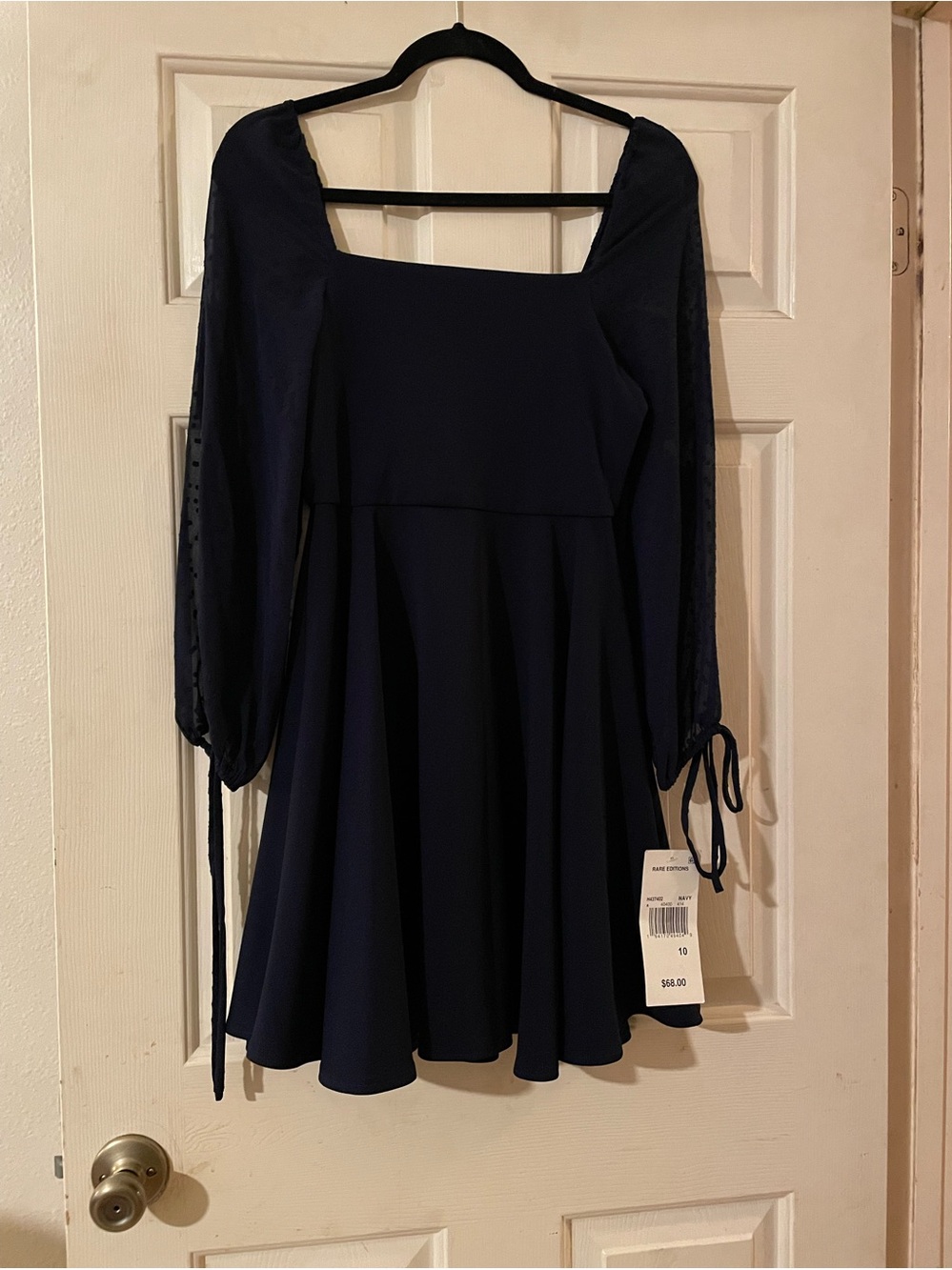 Rare Editions NWT Navy Blue Square Neck Swiss Dot Bishop Sleeve Skater Dress 10